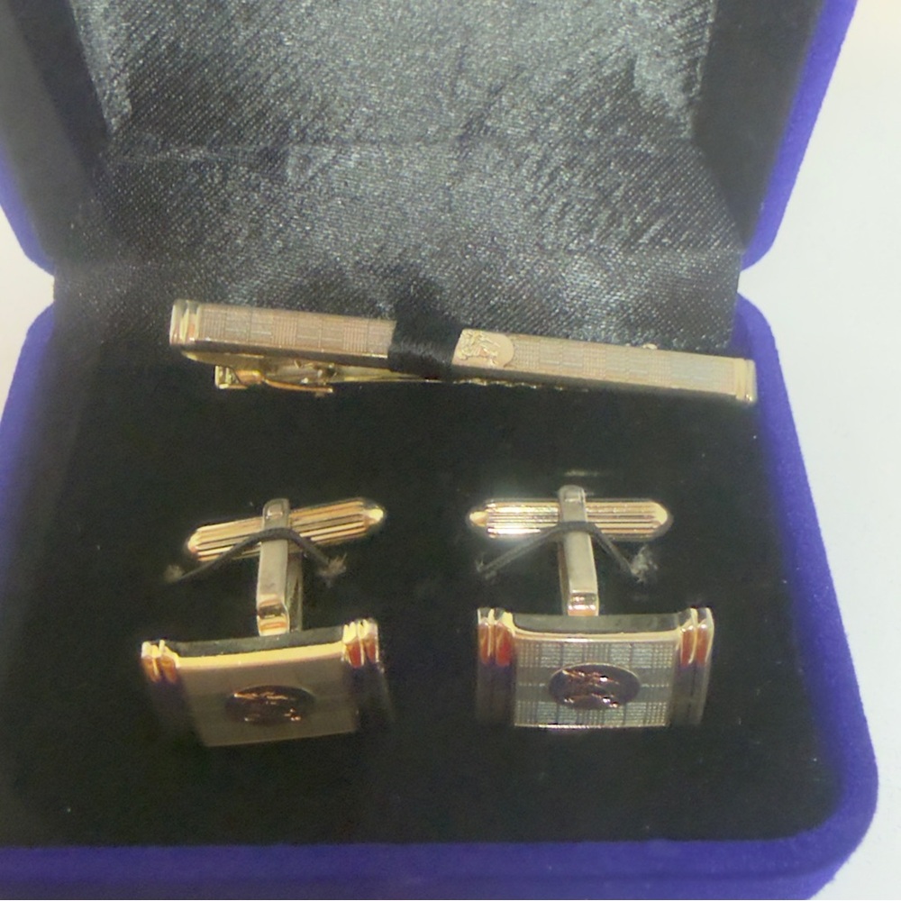 Burberry Gold and Silver Cufflinks with Tie Clip